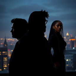 A dramatic business thriller scene set against the backdrop of Montreal's skyline, featuring three distinct silhouettes