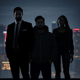 A dramatic business thriller scene set against the backdrop of Montreal's skyline, featuring three distinct silhouettes