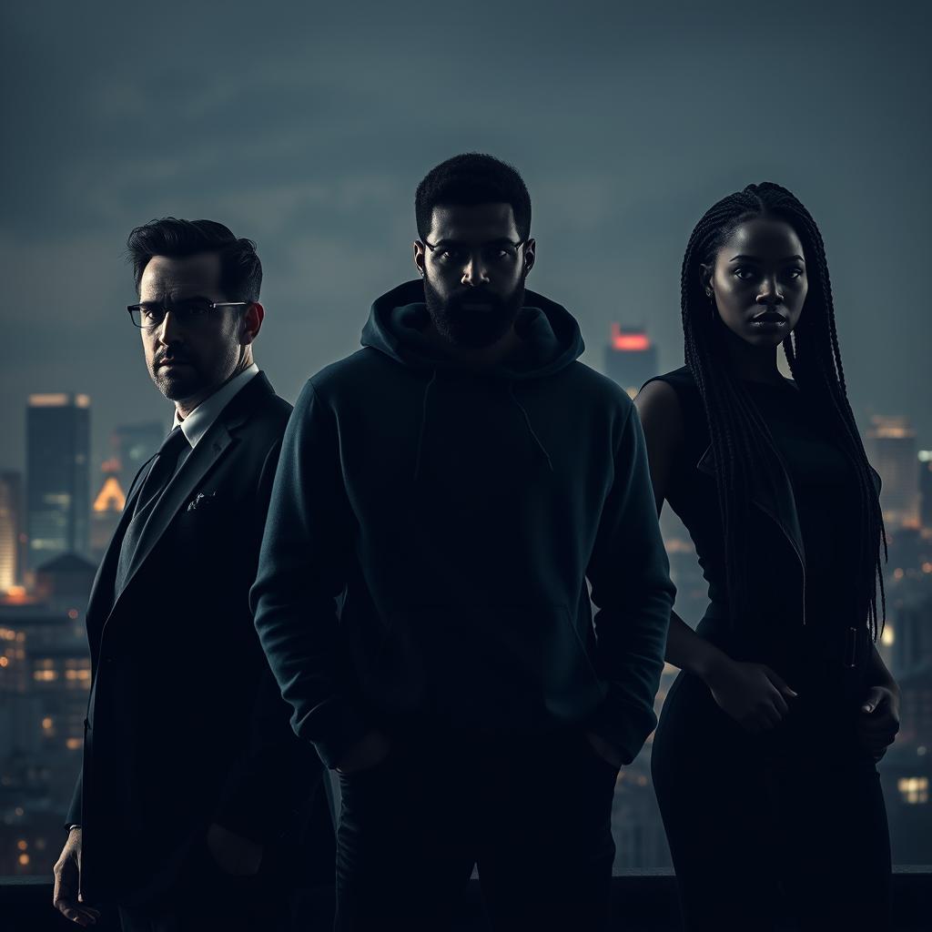 A dramatic business thriller scene set against the backdrop of Montreal's skyline, featuring three distinct silhouettes