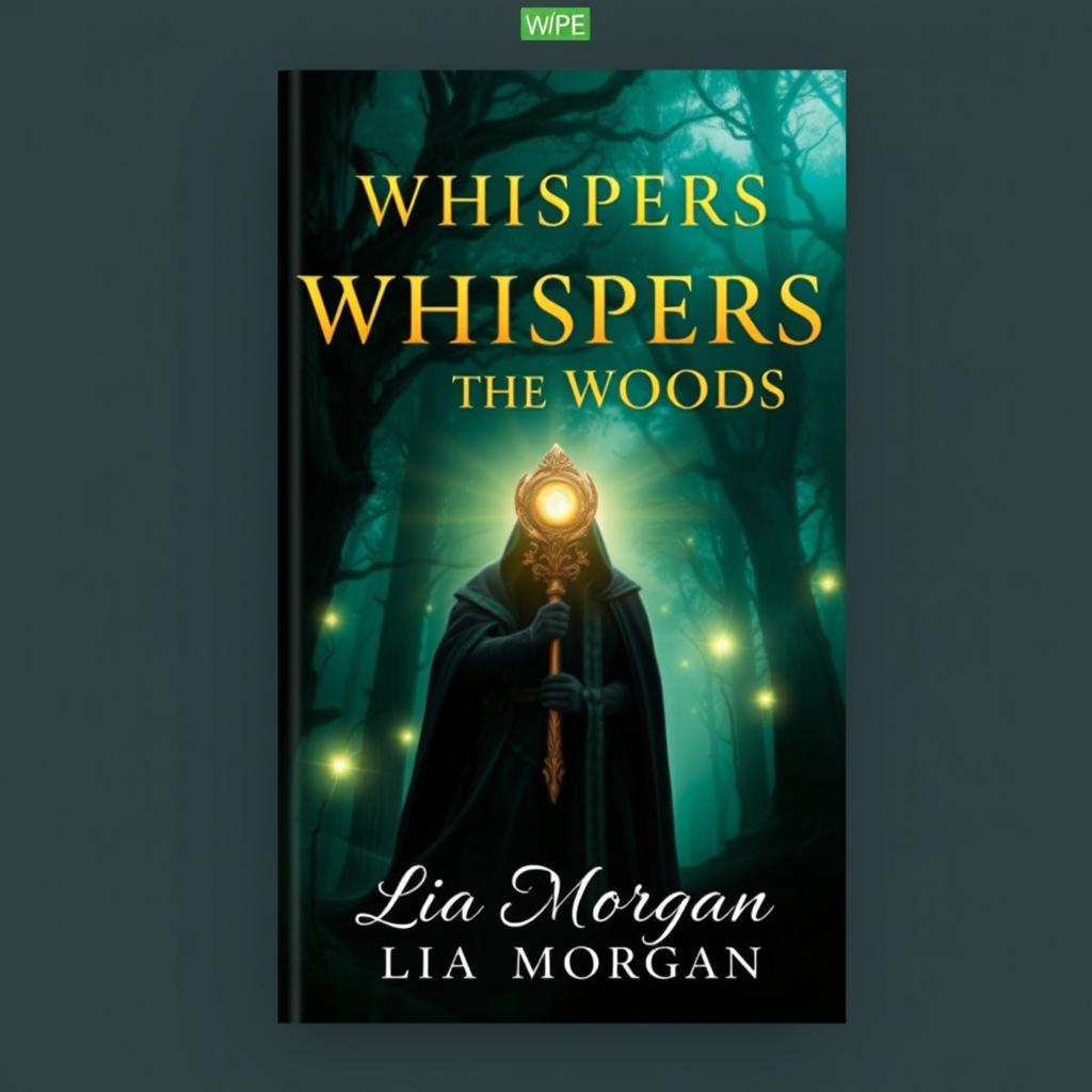 A striking book cover design featuring a mystical forest background, with towering ancient trees and ethereal glowing lights