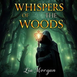 A striking book cover design featuring a mystical forest background, with towering ancient trees and ethereal glowing lights