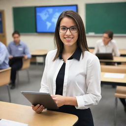 A young, modern teacher in her 20's, dressed in appropriate 21st-century attire, holding a digital tablet in a technology-rich classroom equipped with computers, projectors, and other educational tools.