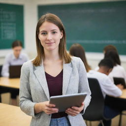 A young, modern teacher in her 20's, dressed in appropriate 21st-century attire, holding a digital tablet in a technology-rich classroom equipped with computers, projectors, and other educational tools.