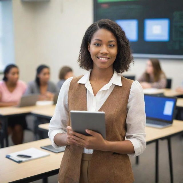 A young, modern teacher in her 20's, dressed in appropriate 21st-century attire, holding a digital tablet in a technology-rich classroom equipped with computers, projectors, and other educational tools.