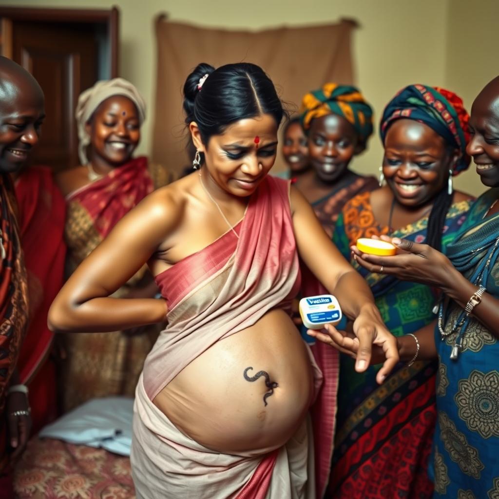 A worried and exhausted young pregnant Indian woman in a saree, heavily sweating and showing signs of distress, with a visible snake tattoo on her exposed stomach