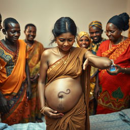 A worried and exhausted young pregnant Indian woman in a saree, heavily sweating and showing signs of distress, with a visible snake tattoo on her exposed stomach