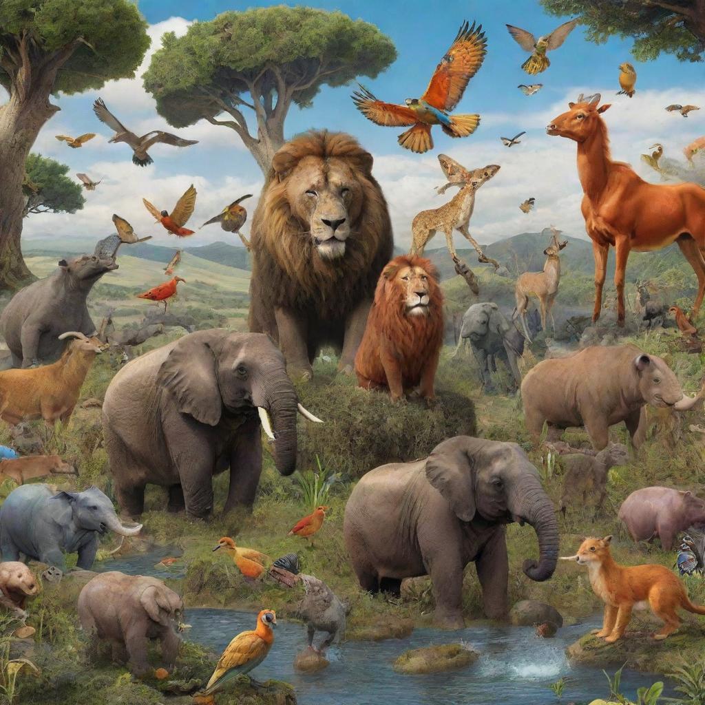 A lively scene of various animals demonstrating fantastical, animated powers in their natural habitats