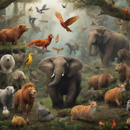 A lively scene of various animals demonstrating fantastical, animated powers in their natural habitats