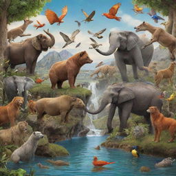 A lively scene of various animals demonstrating fantastical, animated powers in their natural habitats