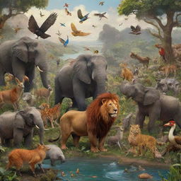 A lively scene of various animals demonstrating fantastical, animated powers in their natural habitats