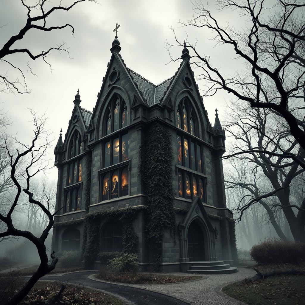 A gothic house standing ominously in a dense, misty forest, featuring pointed arches, elaborate carvings, and large, arched windows with stained glass depicting dark, atmospheric scenes