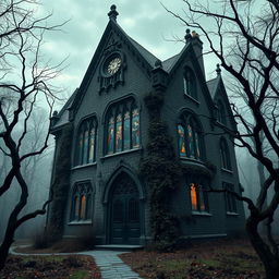 A gothic house standing ominously in a dense, misty forest, featuring pointed arches, elaborate carvings, and large, arched windows with stained glass depicting dark, atmospheric scenes