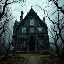 A gothic house standing ominously in a dense, misty forest, featuring pointed arches, elaborate carvings, and large, arched windows with stained glass depicting dark, atmospheric scenes