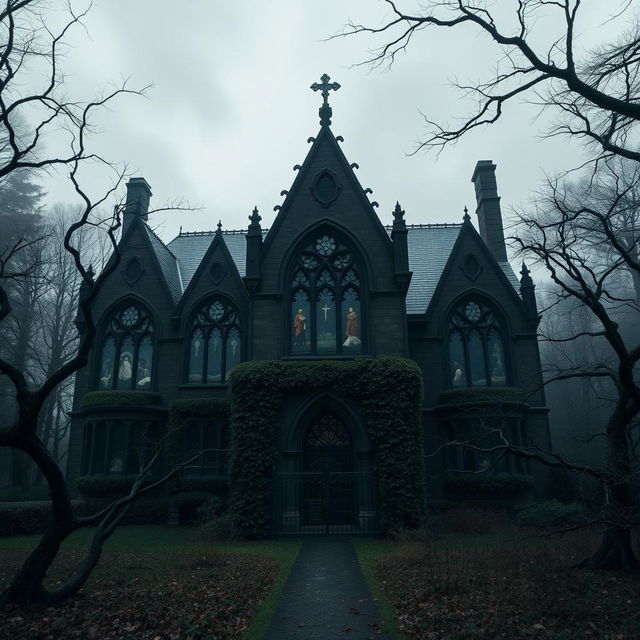 A gothic house standing ominously in a dense, misty forest, featuring pointed arches, elaborate carvings, and large, arched windows with stained glass depicting dark, atmospheric scenes