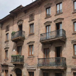 A traditional, beautiful Georgian architecture, with ornate balconies and brick exteriors, set in the charming streets of old Tbilisi.