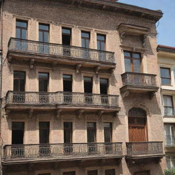 A traditional, beautiful Georgian architecture, with ornate balconies and brick exteriors, set in the charming streets of old Tbilisi.