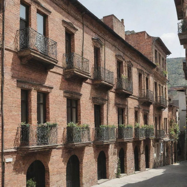 A traditional, beautiful Georgian architecture, with ornate balconies and brick exteriors, set in the charming streets of old Tbilisi.