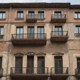 A traditional, beautiful Georgian architecture, with ornate balconies and brick exteriors, set in the charming streets of old Tbilisi.