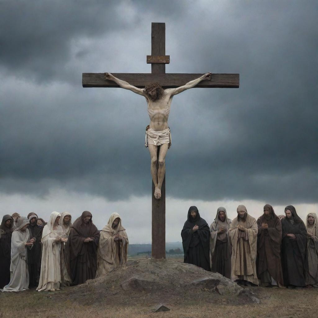 The Crucifixion of Christ. Depict Jesus Christ on the cross, his head bowed in agony and sacrifice. Figures of Mary, John and followers are in saddened contemplation. The gloomy sky creating a somber and inspiring atmosphere.