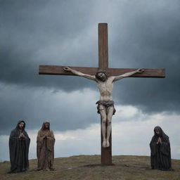 The Crucifixion of Christ. Depict Jesus Christ on the cross, his head bowed in agony and sacrifice. Figures of Mary, John and followers are in saddened contemplation. The gloomy sky creating a somber and inspiring atmosphere.