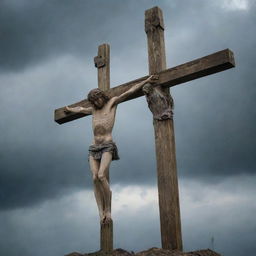 The Crucifixion of Christ. Depict Jesus Christ on the cross, his head bowed in agony and sacrifice. Figures of Mary, John and followers are in saddened contemplation. The gloomy sky creating a somber and inspiring atmosphere.