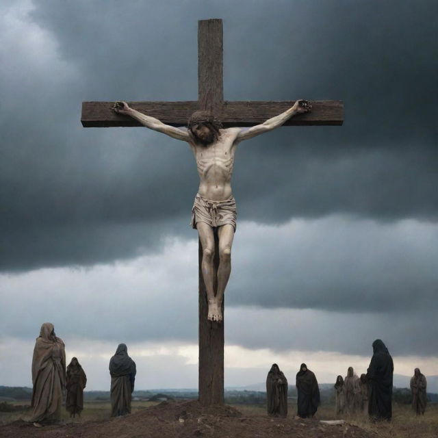 The Crucifixion of Christ. Depict Jesus Christ on the cross, his head bowed in agony and sacrifice. Figures of Mary, John and followers are in saddened contemplation. The gloomy sky creating a somber and inspiring atmosphere.