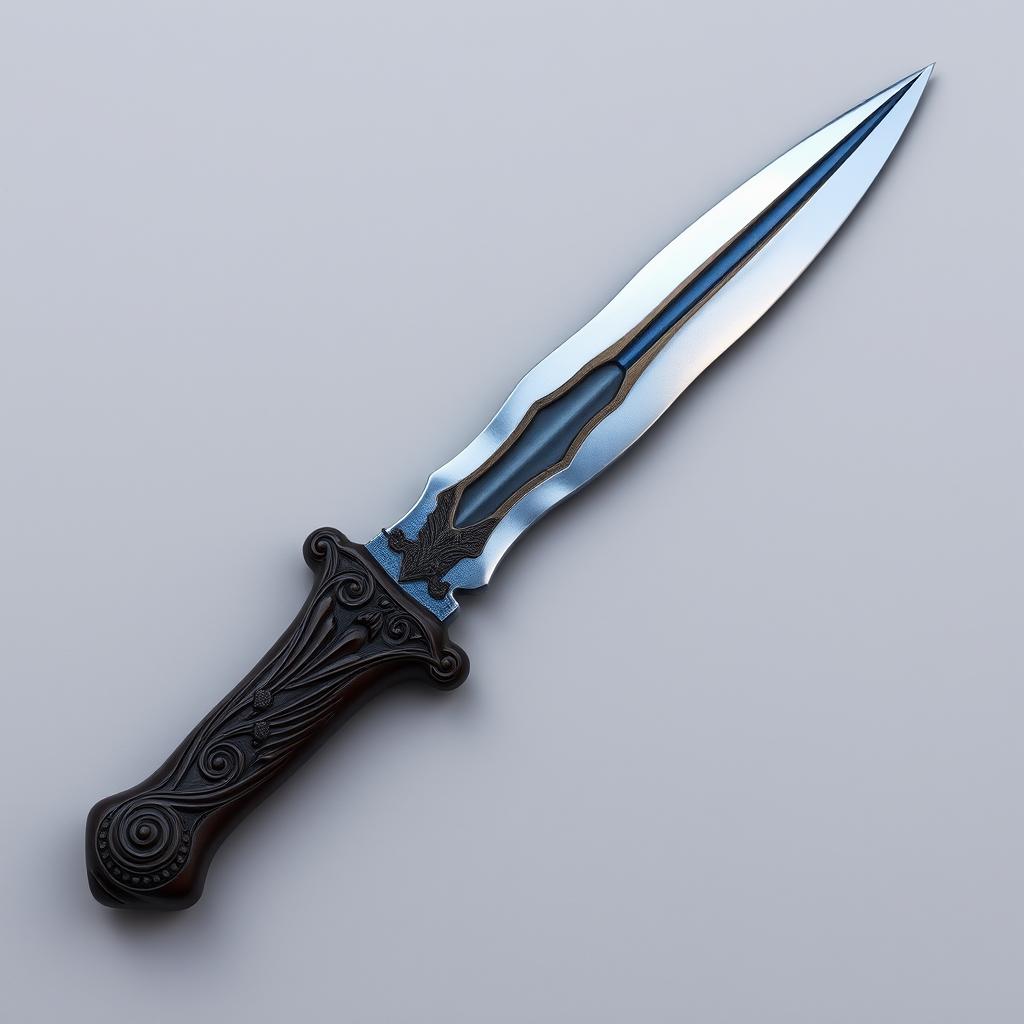 The Dagger of the Windstorm made of Ebony, an elegant weapon approximately one foot long with an intricately carved hilt resembling a swirling wind