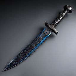 The Dagger of the Windstorm made of Ebony, an elegant weapon approximately one foot long with an intricately carved hilt resembling a swirling wind