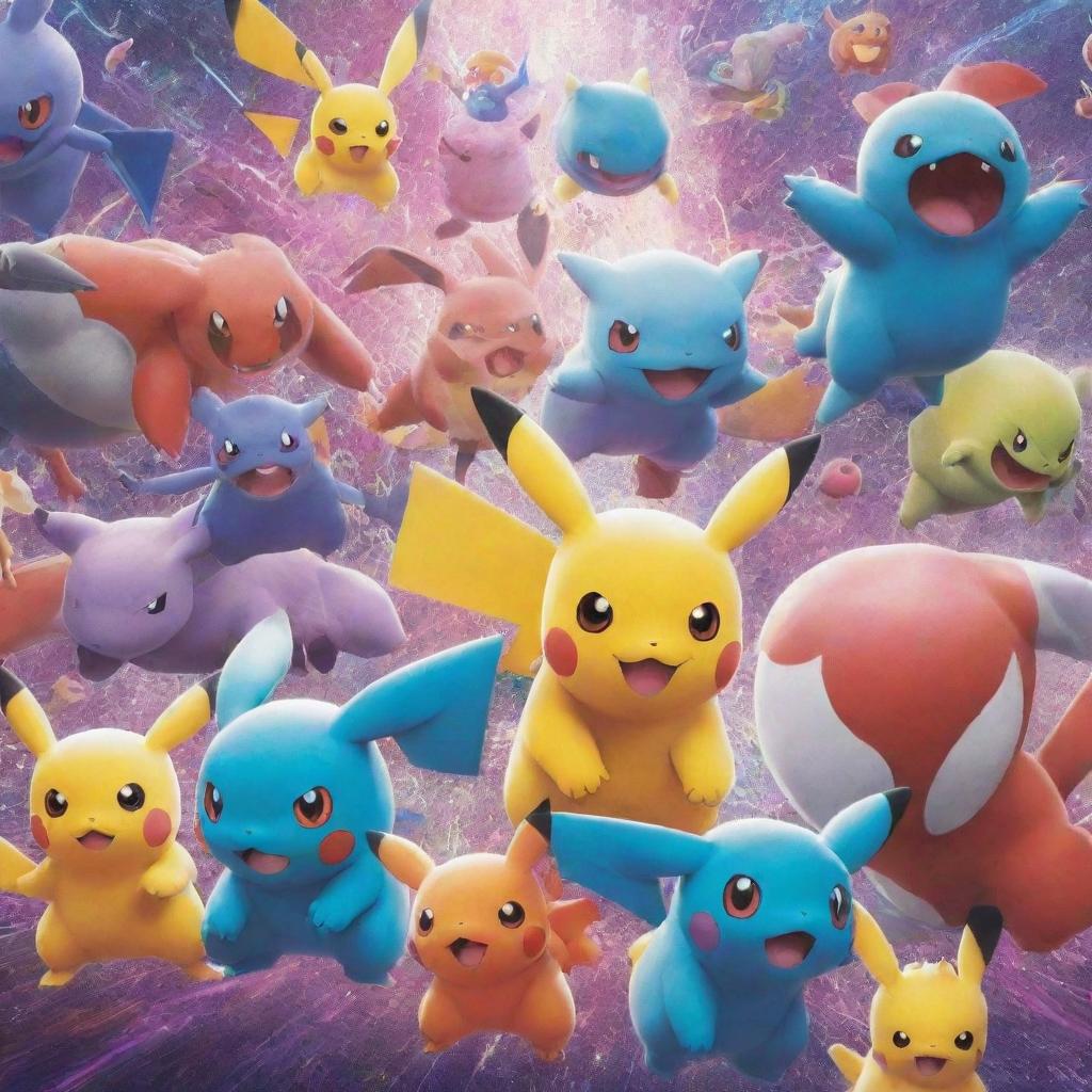 A vibrant scene featuring a variety of Pokémon in an energetic battle.