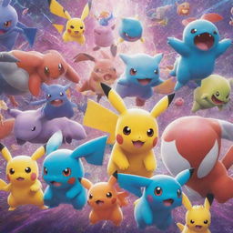 A vibrant scene featuring a variety of Pokémon in an energetic battle.