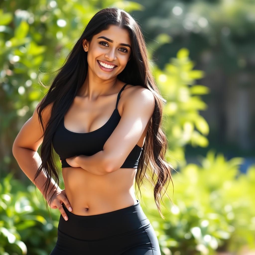 A beautiful Indian woman aged 30, with long dark hair, wearing low waist black yoga pants and a black sports bra, standing confidently with a bright, warm smile