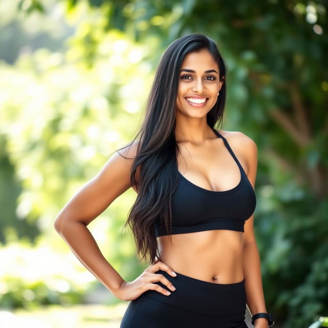 A beautiful Indian woman aged 30, with long dark hair, wearing low waist black yoga pants and a black sports bra, standing confidently with a bright, warm smile