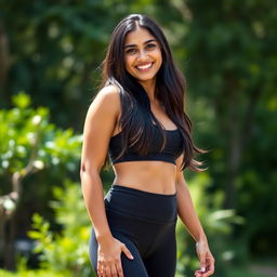 A beautiful Indian woman aged 30, with long dark hair, wearing low waist black yoga pants and a black sports bra, standing confidently with a bright, warm smile