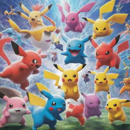 A vibrant scene featuring a variety of Pokémon in an energetic battle.