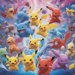 A vibrant scene featuring a variety of Pokémon in an energetic battle.