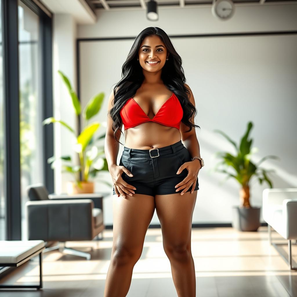 A beautiful mature chubby Indian woman, aged 40, wearing a striking red bra and stylish black shorts, standing confidently in a modern office room