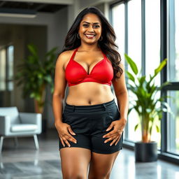 A beautiful mature chubby Indian woman, aged 40, wearing a striking red bra and stylish black shorts, standing confidently in a modern office room