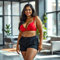 A beautiful mature chubby Indian woman, aged 40, wearing a striking red bra and stylish black shorts, standing confidently in a modern office room