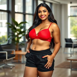 A beautiful mature chubby Indian woman, aged 40, wearing a striking red bra and stylish black shorts, standing confidently in a modern office room