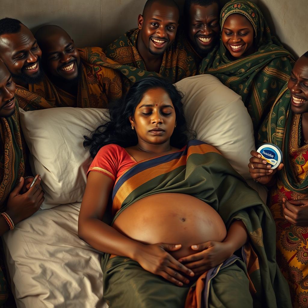 A young pregnant Indian woman in a saree, laying on a bed, appearing tired and exhausted, with visible bruises and beads of sweat on her forehead