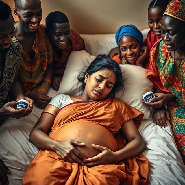 A young pregnant Indian woman in a saree, laying on a bed, appearing tired and exhausted, with visible bruises and beads of sweat on her forehead