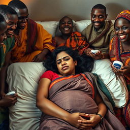 A young pregnant Indian woman in a saree, laying on a bed, appearing tired and exhausted, with visible bruises and beads of sweat on her forehead