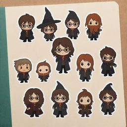 Adorable, animated sticker cutouts with a Harry Potter theme. Include charm-filled elements like chibi versions of Harry, Hermione, Ron, the Sorting Hat, Hagrid, and various magical creatures and artifacts.