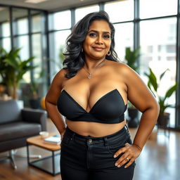 A beautiful mature chubby Indian woman aged 40, confidently standing in an office room