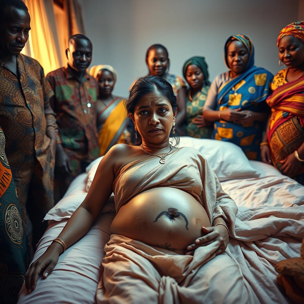 A worried and exhausted young pregnant Indian woman in a saree, laying on a bed, looking distressed with beads of sweat on her forehead and a visible snake tattoo on her exposed stomach