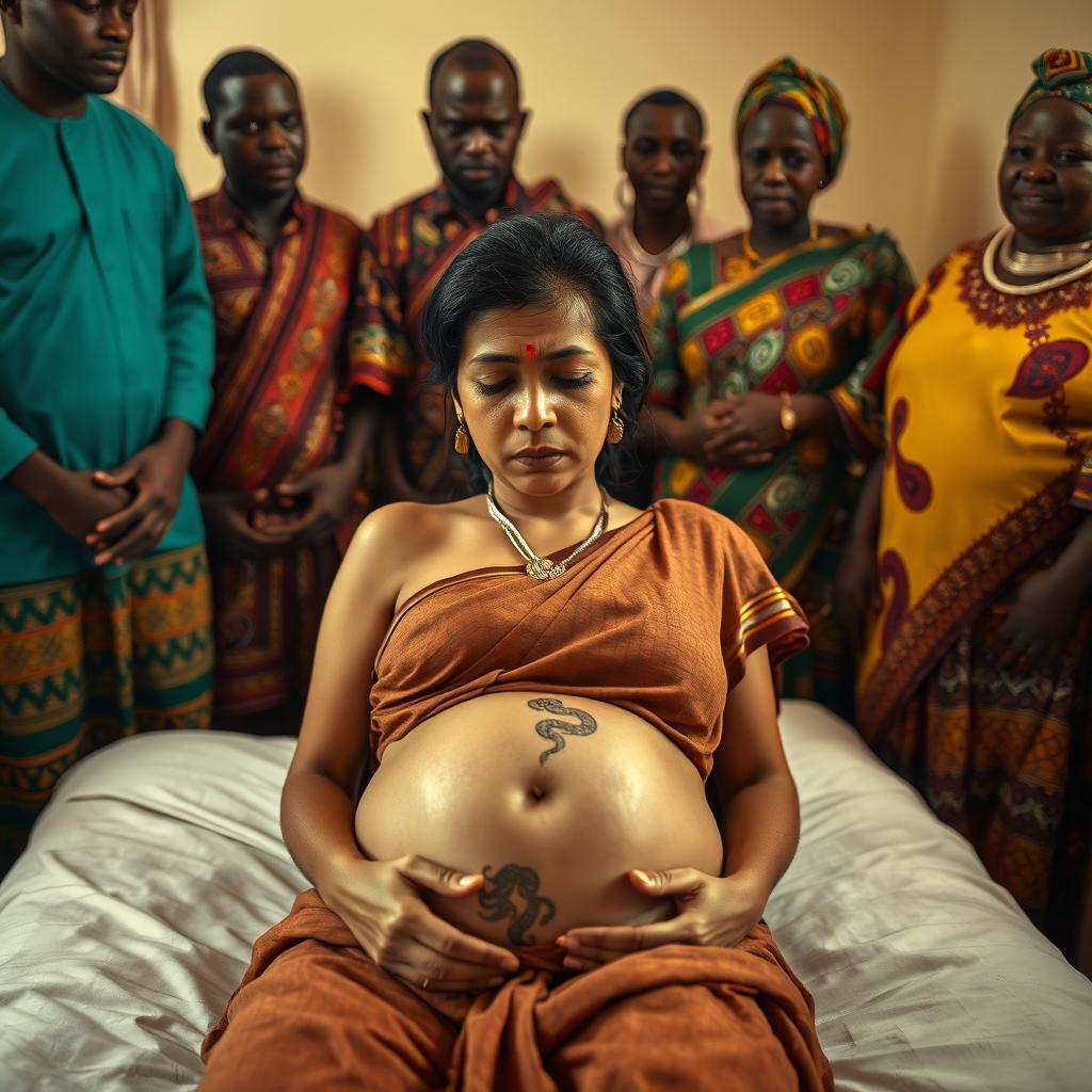 A worried and exhausted young pregnant Indian woman in a saree, laying on a bed, looking distressed with beads of sweat on her forehead and a visible snake tattoo on her exposed stomach