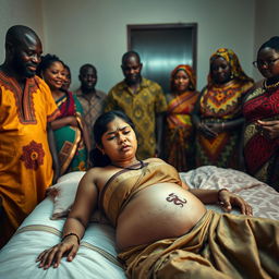 A worried and exhausted young pregnant Indian woman in a saree, laying on a bed, looking distressed with beads of sweat on her forehead and a visible snake tattoo on her exposed stomach