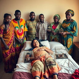 A worried and exhausted young pregnant Indian woman in a saree, laying on a bed, appearing tired and distressed