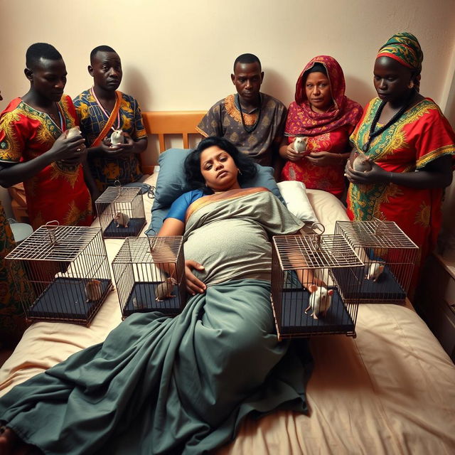 A worried and exhausted young pregnant Indian woman in a saree, laying on a bed, appearing tired and distressed