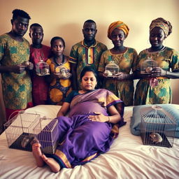 A worried and exhausted young pregnant Indian woman in a saree, laying on a bed, appearing tired and distressed